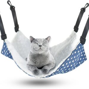 Pet Hammock for Cage Reversible Cat Hanging Hammock Soft Hanging Bed for Ferret Kitten Puppy Cats Small Dogs Rabbits Small Animals Double-Sided Pet Cage Hammock with Adjustable Straps & Plastics Hooks