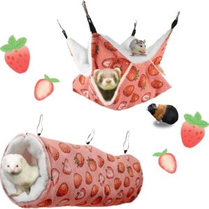 Guinea Pig Rat Ferret Hammock and Warm Bed Small Pet Hideout Tunnel Cave Hanging Bunkbed Hammock Cage Toy for Hamster Sugar Glider Squirrel (3.Hammock & Tunnel)