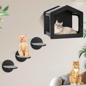 Cat Wall Shelves and Perches - House Fit for Cats Up to 25Lbs, 1 Condo and 3 Large Steps With Scratching Pad, Climbing Shelf for Indoor, Furniture
