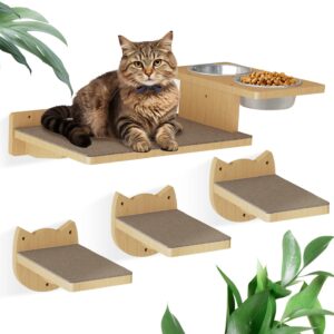 Cat Wall Shelves, Wood Wall Furniture with 3 Steps, Cat Feeding Shelf with 2 Food Bowls, Wooden Bed Furniture Wall Mounted