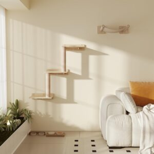 Cat Wall Shelves, Wooden Cat Wall Furniture with Condo, Scratching Post with 3 Steps, Hammock, Wall-Mounted Furniture for Kittens